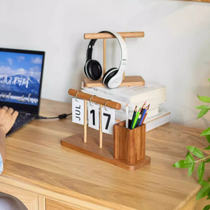 Wooden Desktop Calendar with Pen Holder